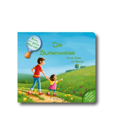 Produktbild vom Buch "Die Blumenwiese". Man sieht eine Frau mit Kind vor einer Blumenwiese stehen.