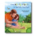 Produktbild vom Buch "Eine Königslibelle in Neles Garten". Man sieht eine Vater mit seiner Tochter im Garten sitzend. Sie schauen fasziniert auf einen Blütentstil, auf dem eine Libelle sitzt.