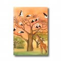 Postkarte "Störche in Afrika". Man sieht Störche auf eime Baum sitzen. Darunter eine Giraffe.