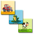 Leinwand: Frosch, Traktor, Kuh
