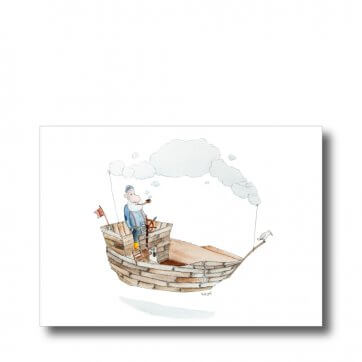 Postkarte "Seebär". Man sieht einen Seemann, pfeiferauchend auf seinem Kutter.