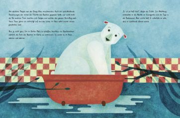 Innenseite vom Buch "Es war einmal ein Haus". Man sieht einen Eisbären in einer Badewanne sitzend