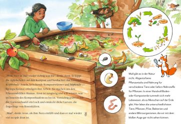 Innenseite vom Buch "Unsere Welt von morgen". Man sieht einen Jungen vor einem Komposthaufen.