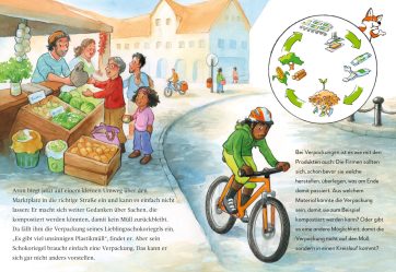 Innenseite vom Buch "Unsere Welt von morgen". Man sieht einen Jungen auf dem Fahrrad vor einem Marktstand.